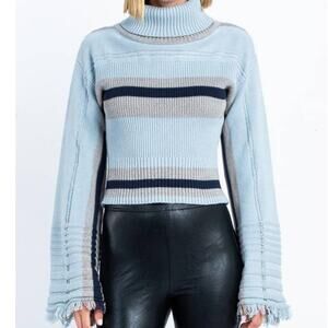 Skylar + Madison Turtleneck Sweater Blue Women S Fringe Bell Sleeve Stripes Knit